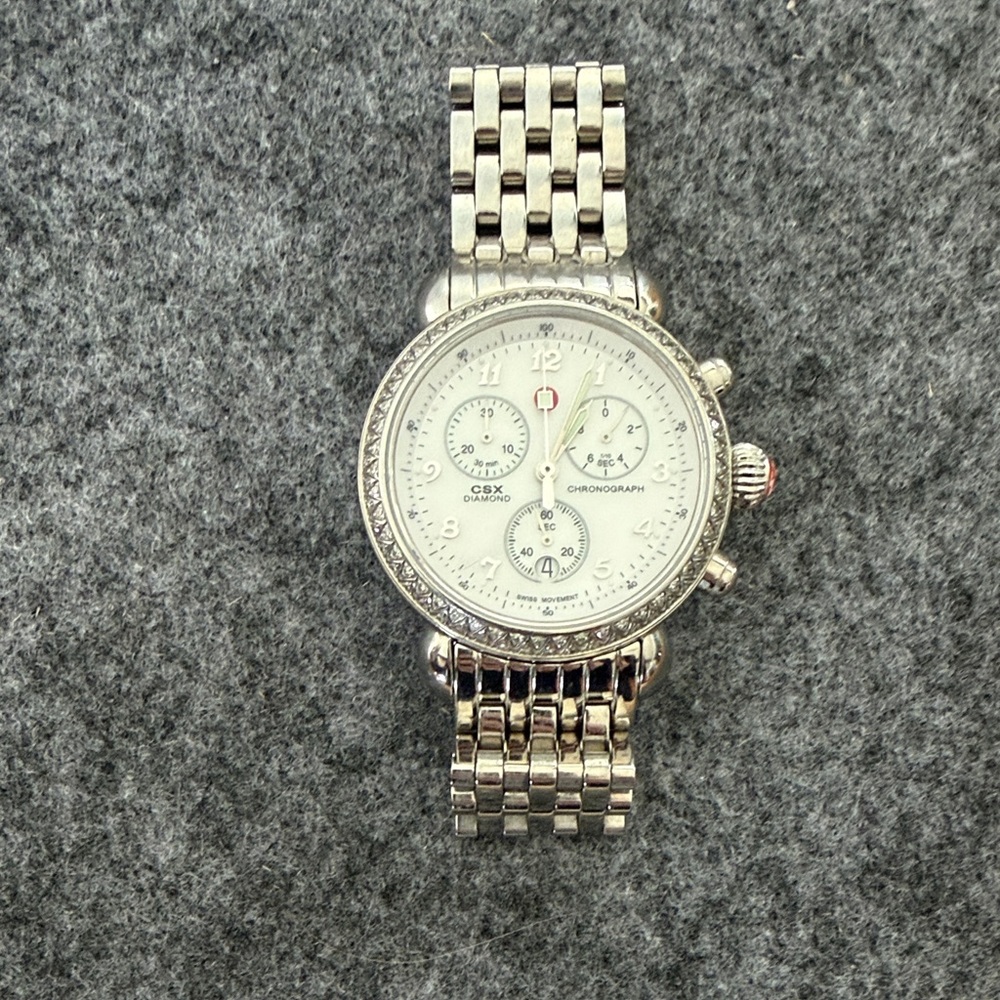 Michele Silver Stainless Steel Diamond Bezel Chronograph Watch